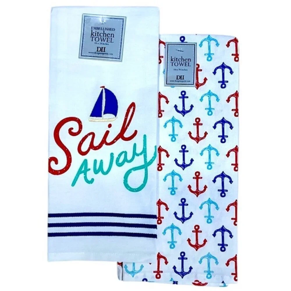 Sail Away Kitchen Towel Embellished Set Coastal Nautical Cotton Set 18 x 28 in